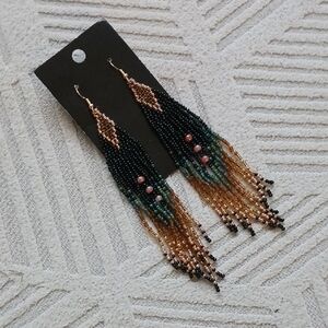 Beaded Fringe Earrings in Black, Teal & Gold